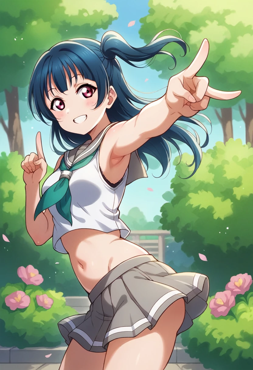 Yoshiko Tsushima love live,serafuku, gray mini skirt, slightly from side, v, armpits,wind  ,navel, breasts, smile , standing, sleeveless , looking at viewer,garden,one side up,arms down, pointing to views 