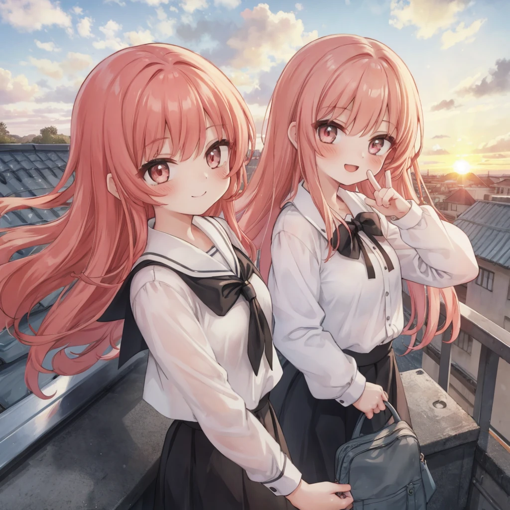 one girl,light red hair,white blouse,black long skirt,smiling face,V pose,school rooftop background,sunset time,I'm looking straight ahead.