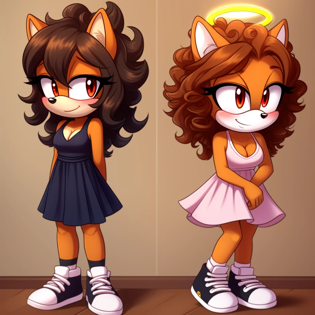 mobian, hedgehog, two-tone fur ((orange fur, brown fur)), sundress, high-top sneakers,  cleavage, two-tone hair (brown hair, black tip)), curly hair, halo, sunglasses, jewelry, red eyes, longeyelashes, red eyes, smile, shy, blush,