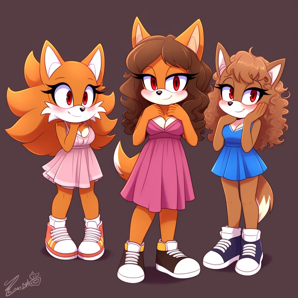 mobian, hedgehog, two-tone fur ((orange fur, brown fur)), sundress, high-top sneakers,  cleavage, two-tone hair (brown hair, black tip)), curly hair, halo, sunglasses, jewelry, red eyes, longeyelashes, red eyes, smile, shy, blush,