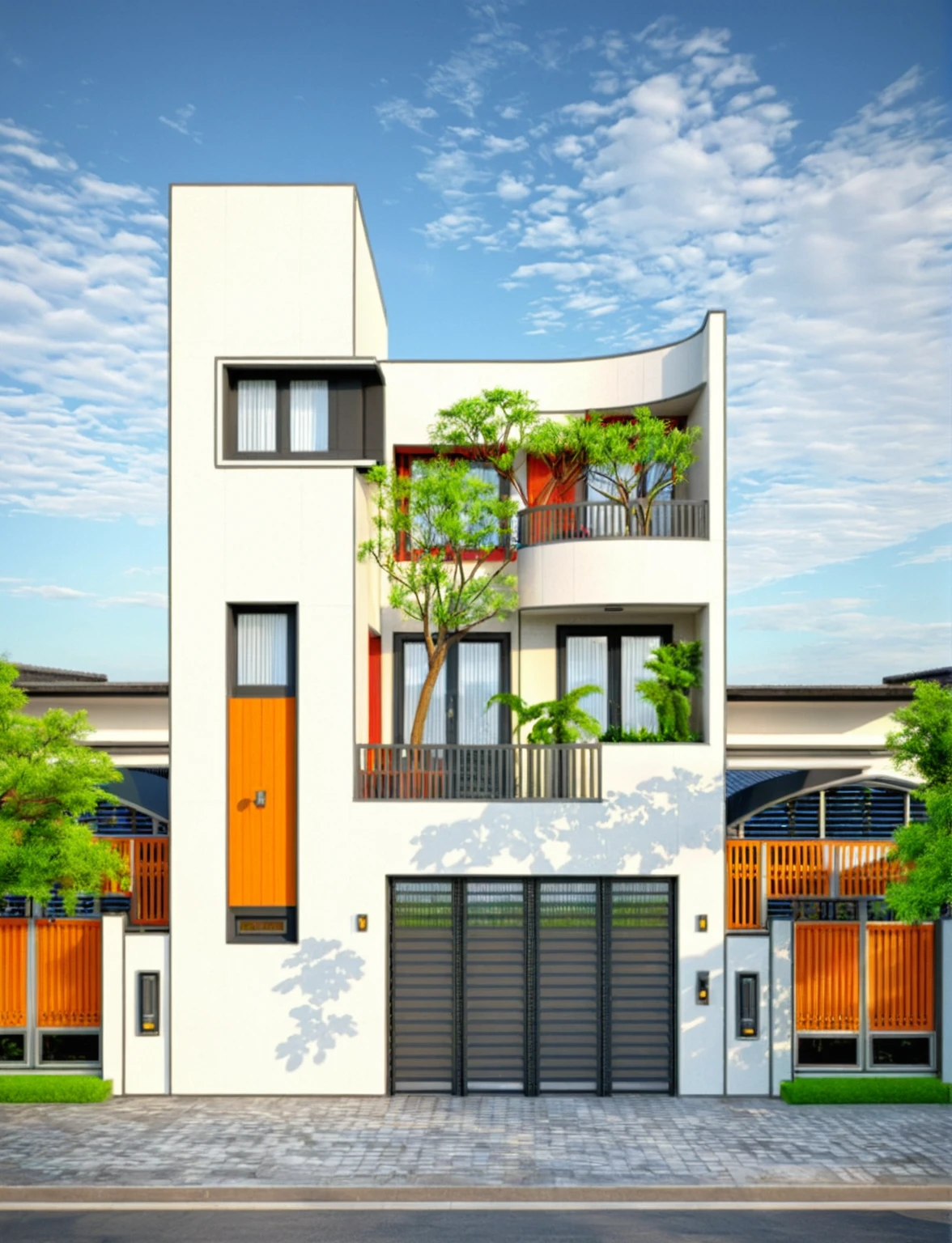 modern villa on street, (daylight), tropical tree, vivid color, streetcapes, nice sky, grey tone, large glass door, warm interior lighting, modern material, best quality, ultra realistic, masterpiece, 17ArchiAI_XL_VL-v1
