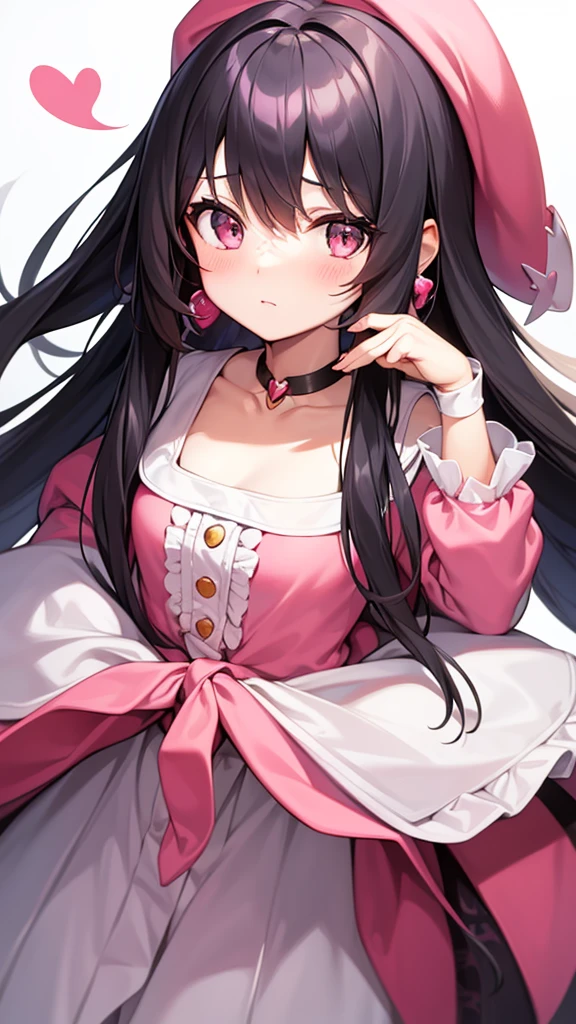a anime girl with her head in a pink hat poses on a white background, 1girl, jewelry, earrings, solo, long hair, hair ornament, black hair, blush, looking at viewer, heart, 