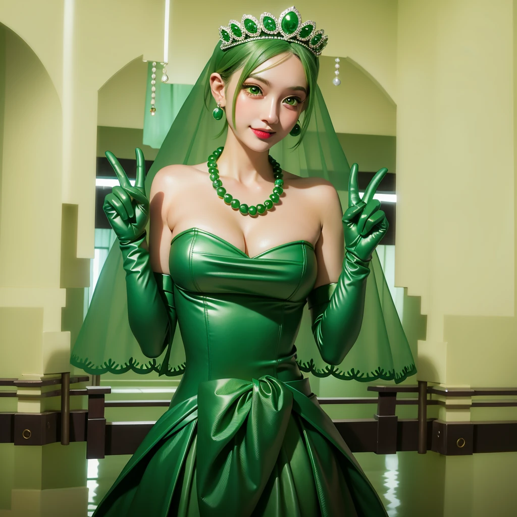 Emerald tiara, Green Pearl Necklace, ボーイッシュな非常に短いGreen Hair, Green Lips, Smiling Japanese woman, Very short hair, Busty beautiful lady, Green Eyes, Green satin long gloves, Green Eyes, Emerald Earrings, Green veil,V sign, Green Hair, Beautiful Japanese Woman, green lip gloss