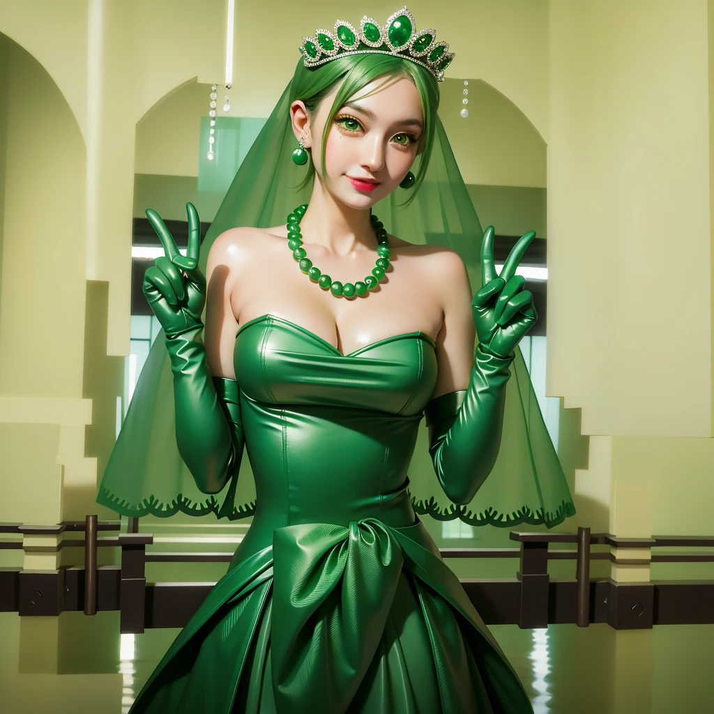 Emerald tiara, Green Pearl Necklace, ボーイッシュな非常に短いGreen Hair, Green Lips, Smiling Japanese woman, Very short hair, Busty beautiful lady, Green Eyes, Green satin long gloves, Green Eyes, Emerald Earrings, Green veil,V sign, Green Hair, Beautiful Japanese Woman, green lip gloss