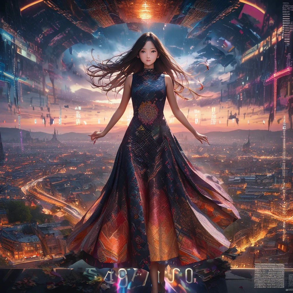 woman, long_hair, floating_hair, whole_body_shot, batik_dress, fractal_pattern, colorful, photorealistic, masterpiece, photo_real, octane_render, calligraphy, Indian_ink_brush_painting, multi_exposure, strobe_effects, digital_manipulation, horizontal_flip, blue_image, Edinburgh_cityscape, atmospheric_entry, stratosphere_view, binary_code, decorative_writing, visual_poetry, glitches, beautiful_scripts, ethereal, otherworldly, intricate_detail, abstract_background, cultural_fusion, tradition_and_technology, East_and_West, reality_and_abstract.