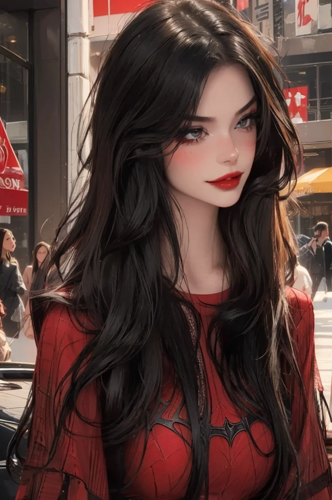 1girl,a beautiful fashion model ,(masterpiece, detailed background, best quality),short and shiny hair, black hair,smirk, juicy lips, red lips, lingerie, stripping, elegant makeup, exhibitionism, torn spiderman outfit, extravagant makeup, slender body