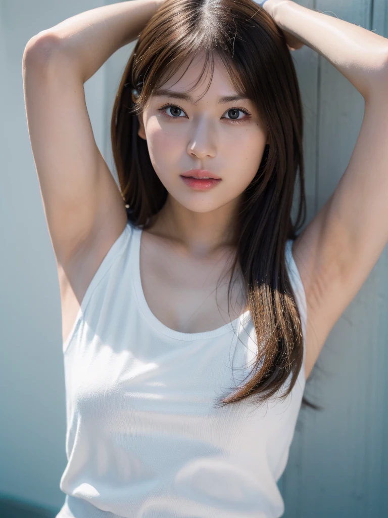 (best quality:1.4), (ultra highres:1.2), (photorealistic:1.4), (16k, RAW photo:1.2),(portrait shot:1.3), bmangpor, 1girl, solo, long hair, brown hair, upper body, white smooth armpits, arm up, knit shirt,  big breast,