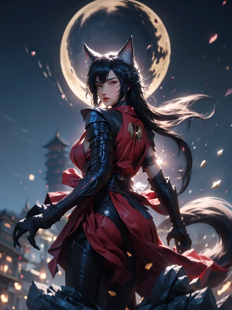 Ninja girl, ninja costume, samurai sword on the back of a statue, golden moon, dark sky.