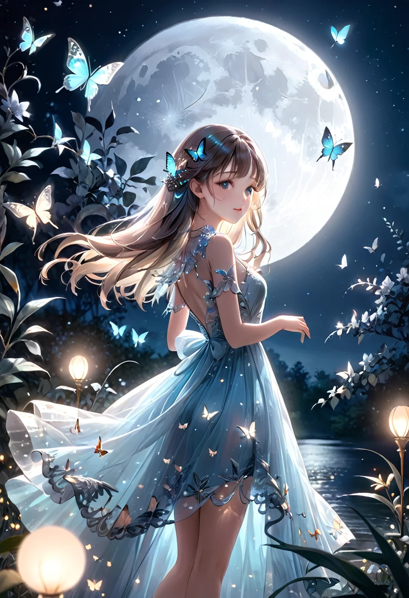 a beautiful girl, butterflies around her, night time, moonlight, intricate butterfly details, delicate dress, elegant pose, serene expression, cinematic lighting, ethereal atmosphere, soft pastel colors, ambient moon glow, photorealistic, highly detailed, masterpiece, 8k