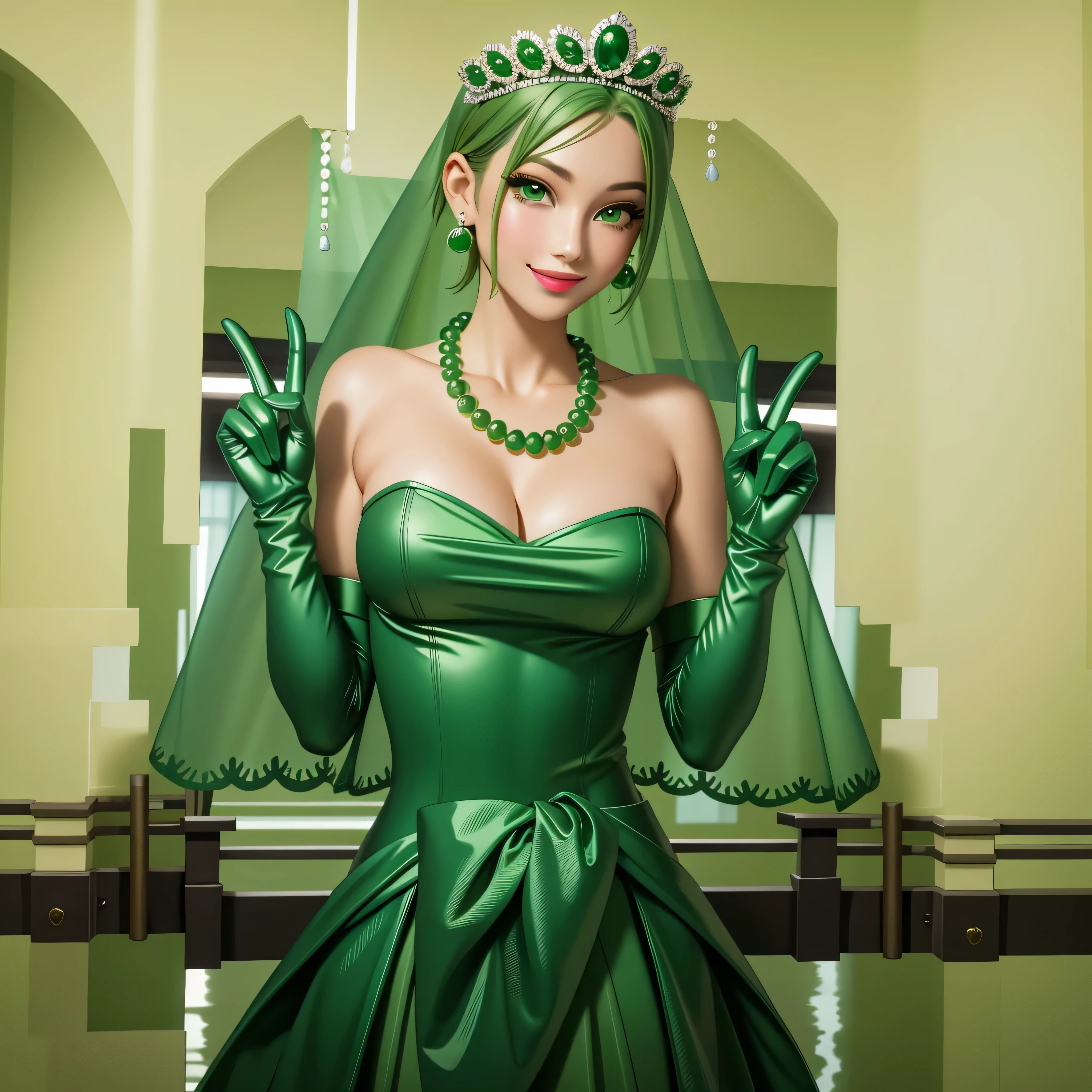 emerald tiara, Green Pearl Necklace, Boyish very short green hair, Green Lips, Smiling Japanese woman, Very short hair, Busty beautiful lady, Green Eyes, Green satin long gloves, Green Eyes, Emerald Earrings, Green veil, V sign, Green Hair, Beautiful Japanese Woman, green lip gloss