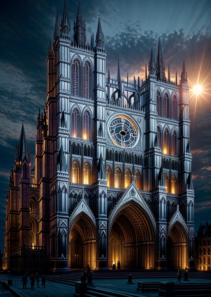 arafed image of a large cathedral with a clock tower, neo-gothic concept, anor londo, gothic epic library concept, gothic cathedral, inspiring gothic architecture, gothic architecture, gothic epic library, scary gothic architecture, gothic-futurist architecture, cathedral, gothic building style, inspired by Raphael Lacoste, Gothic art, blue sky, sunset time, depth of field, cinematic lighting, masterpiece, best quality, high quality, high details,
