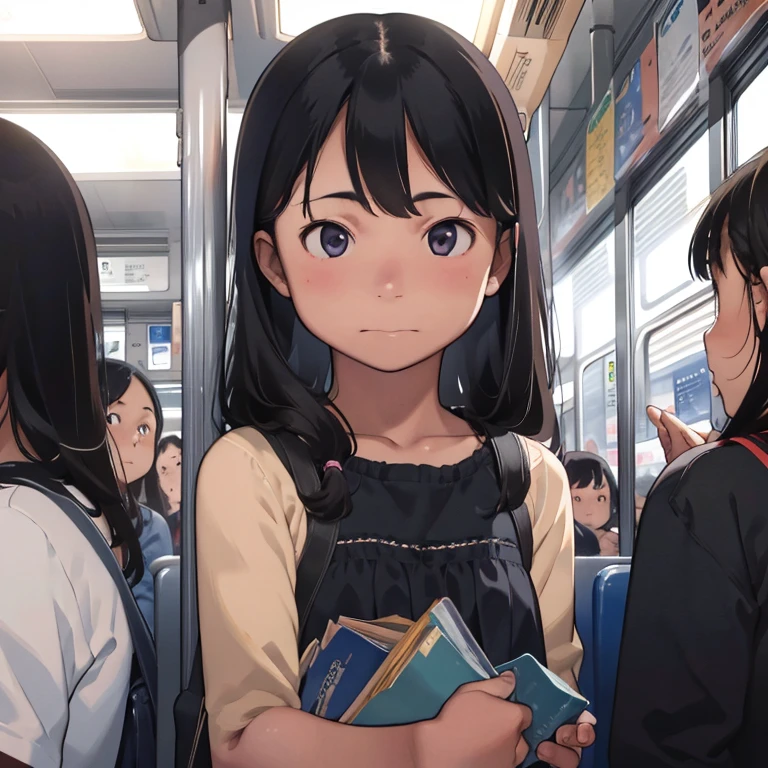 3Girls、************、crowded train、buzzer、、slender、Detailed face、Detailed Hair、Clear skin、Looking at this、Whole body composition、Shot from below、Standing close together on the train