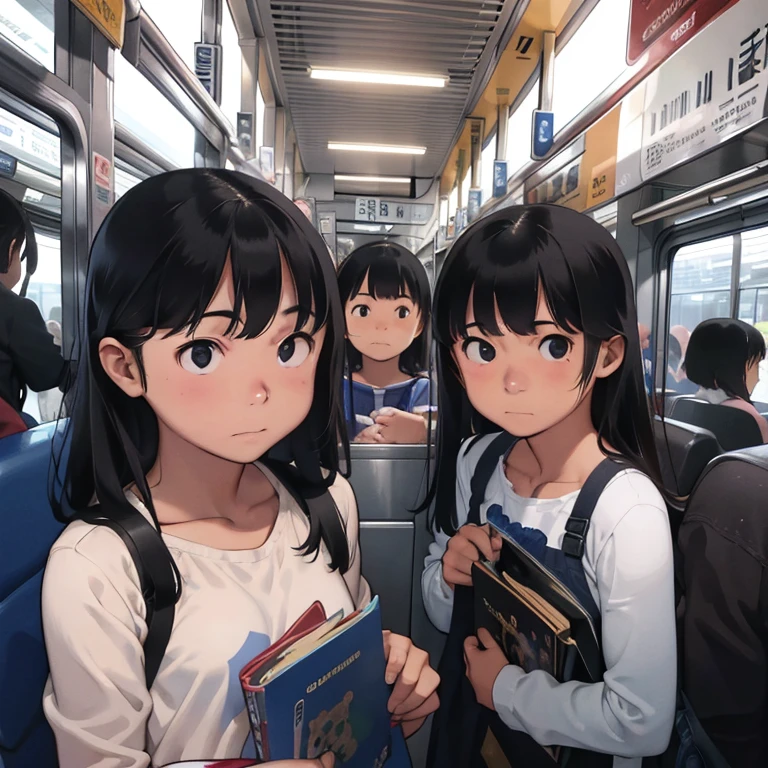 3Girls、12 years old、crowded train、buzzer、、slender、Detailed face、Detailed Hair、Clear skin、Looking at this、Whole body composition、Shot from below、Standing close together on the train