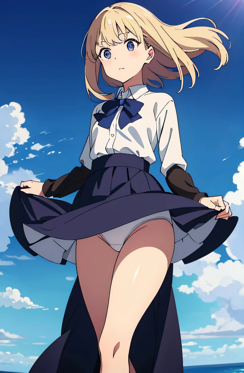 
Soundless Kyoko Low Angle、Long skirt、

Navy blue skirt Holding the skirt that is being blown up by the strong wind with her hands Long skirt uniform、The color is dark blue、

、A skirt that flips up in a strong wind A bright white anime plain white panties、The crotch is visible. Anime painting.、
