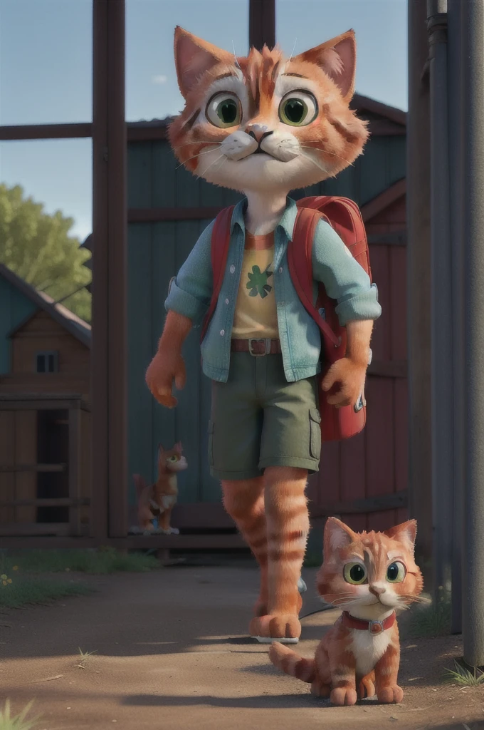 Red cat who goes to school with his backpack walking around him blue and green houses sad emotion
