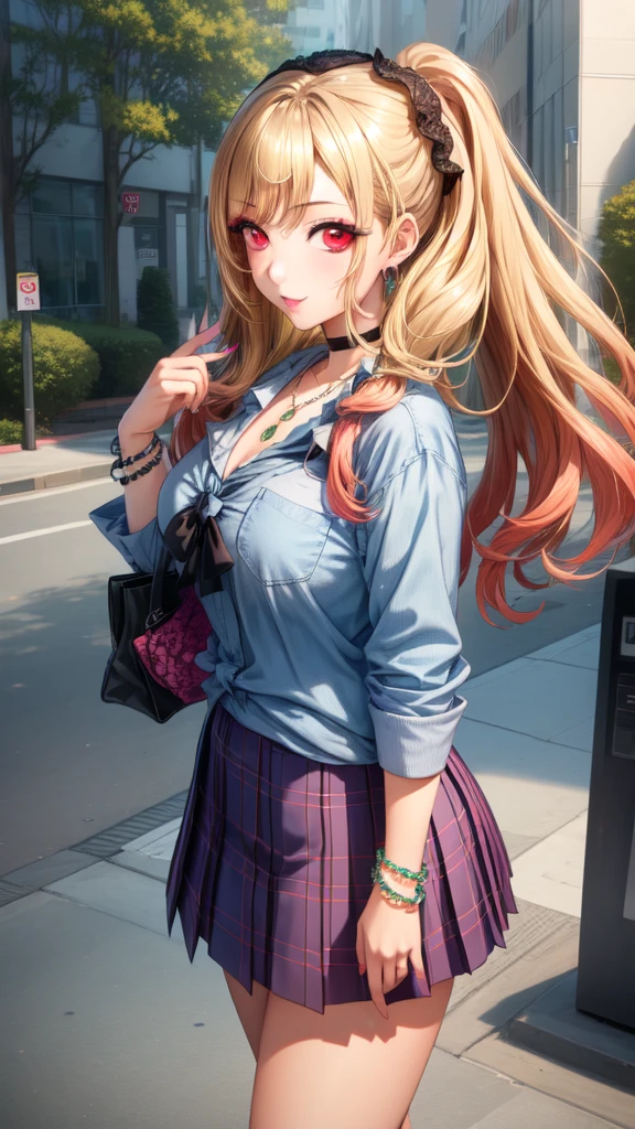 kitagawa marin, 1girl, blonde hair, long hair, multicolored hair, red eyes, jewelry, necklace, choker, bracelet, 8k, solo beautiful (kogal gyaru) girl, hair accessory, jewelry, bracelet, makeup, ponytail,
blonde hair,
(school uniform),
wide shot