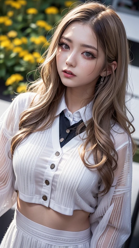 Realistic, masterpiece, highest quality, Highest Resolution, one Japanese high school girl, 16 years old, Upper body photo, Looks sleepy, Spaced out, Mouth open, Beautiful and detailed eye drawing, (droopy eyes:1.3), Dark Eyes, Thin eyebrows, Carefully draw eyelashes, Eyelash extensions, Gal Makeup, Orange teak, (White brown wavy hair with white mesh, long hair, middle part:1.3), (hidden creased eyelids:1.3), (Gothic school uniform:1.2), (The subject was photographed from above at an angle:1.3), (Flower Field:1.3), (Close up on face, Standing up and trying to grab the audience:1.5)