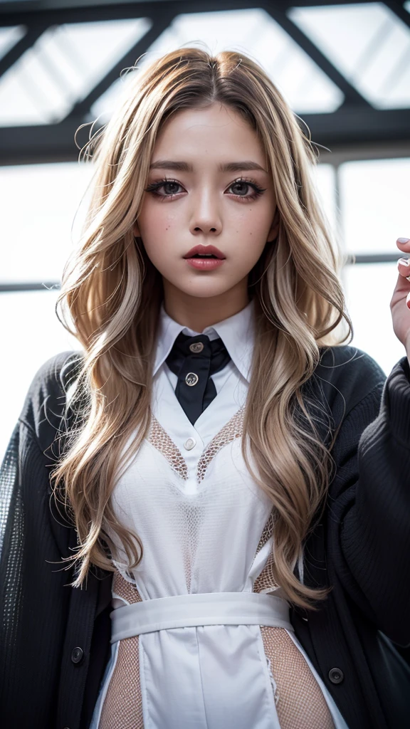 Realistic, masterpiece, highest quality, Highest Resolution, one Japanese high school girl, , Upper body photo, Looks sleepy, Spaced out, Mouth open, Beautiful and detailed eye drawing, (droopy eyes:1.3), Dark Eyes, Thin eyebrows, Carefully draw eyelashes, Eyelash extensions, Gal Makeup, Orange teak, (White brown wavy hair with white mesh, long hair, middle part:1.3), (hidden creased eyelids:1.3), (Gothic school uniform:1.2), (The subject was photographed from above at an angle:1.3), (Flower Field:1.3), (Close up on face, Standing up and trying to grab the audience:1.5)