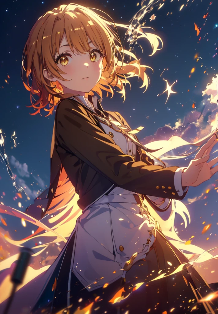 Irohaisshiki, isshiki iroha, short hair, Brown Hair, (Brown eyes:1.5), smile,Open your mouth,((Night Sky)),((Big full moon)),((Sparkling and colorful stars)),Fluffy hair,((Idol style costume with soft volume)),Long skirt,((witch)),In his right hand he possesses a jeweled staff grip.,
break outdoors, forest,forest
break looking at viewer,Upper Body,
break (masterpiece:1.2), Highest quality, High resolution, unity 8k wallpaper, (shape:0.8), (Narrow and beautiful eyes:1.6), Highly detailed face, Perfect lighting, Highly detailed CG, (Perfect hands, Perfect Anatomy),