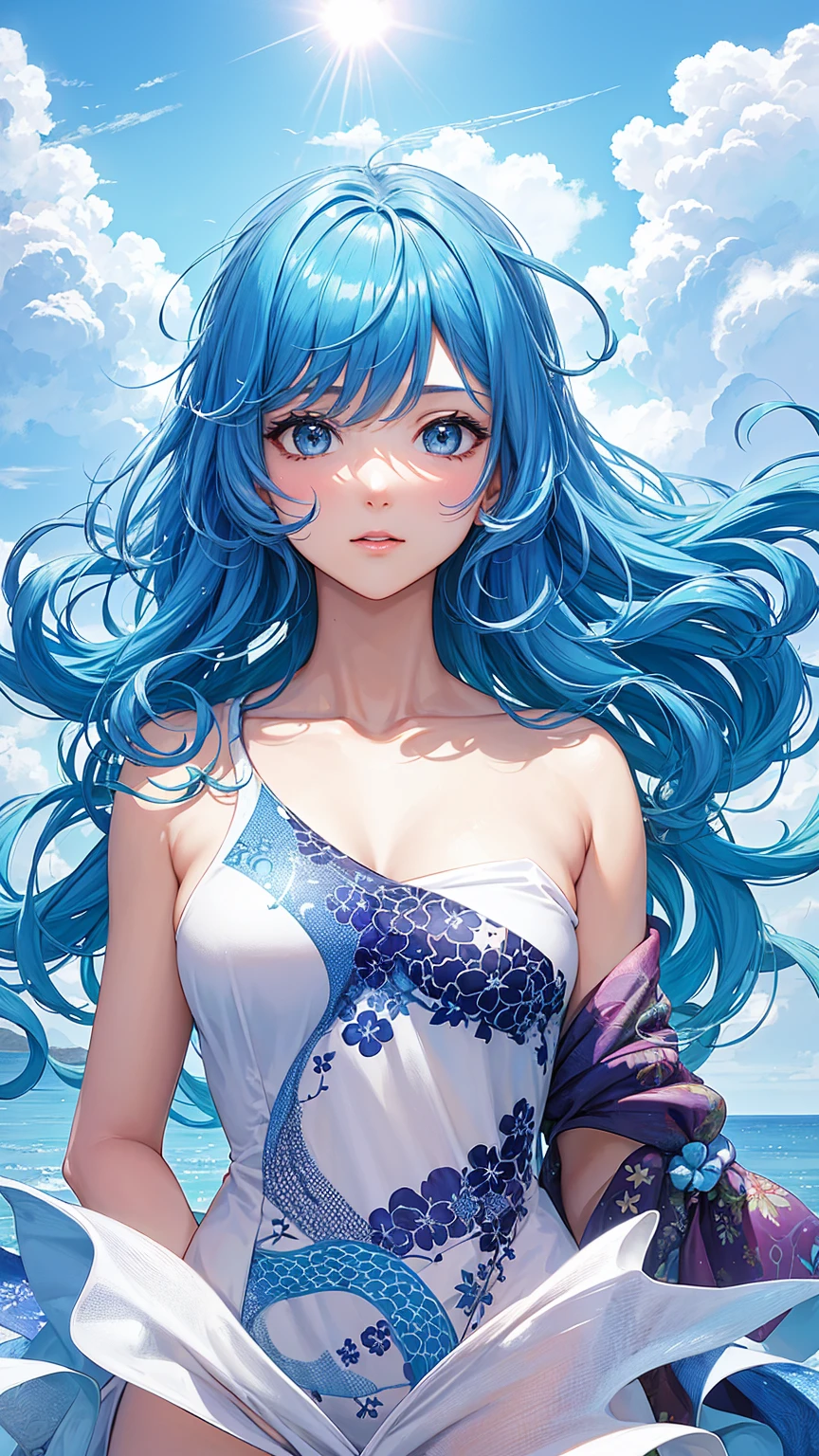 masterpiece,Highest quality,Highest quality,water彩(curly),Official Art,Beauty and aesthetics:1.2),(One girl:1.3),(Fractal Art:1.3),Upper body,View from the side,View your viewers,Patterned,(Rainbow Hair,hair color,Half Blue、Half pink hair:1.2),water,liquid,cloud,colorful,star空の,star,