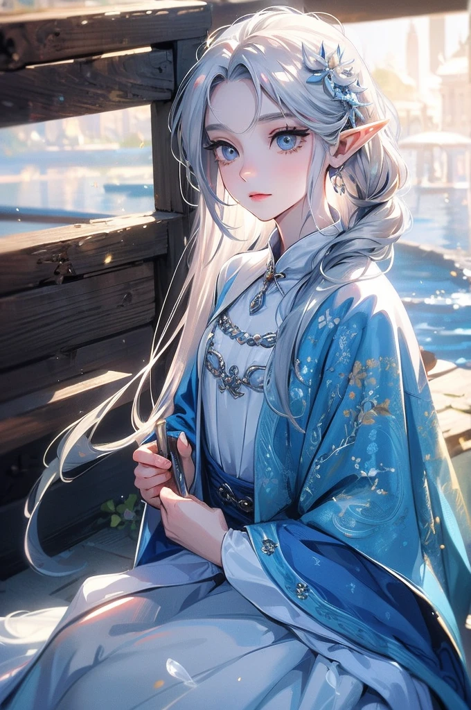 ((Highest quality)), ((masterpiece)), (detailed), One girl, The background is the sea、The weather was sunny.、Silver hair straight long hair、Parallel thin eyebrows、Double droopy eyes、Thin lips、Small nose、Blue Eyes、Long eyelashes、Delicate appearance、Illustration seen from the front、The facial expression is a closed-mouth smile.、A white dress with little exposure、Elf、Russian descent、