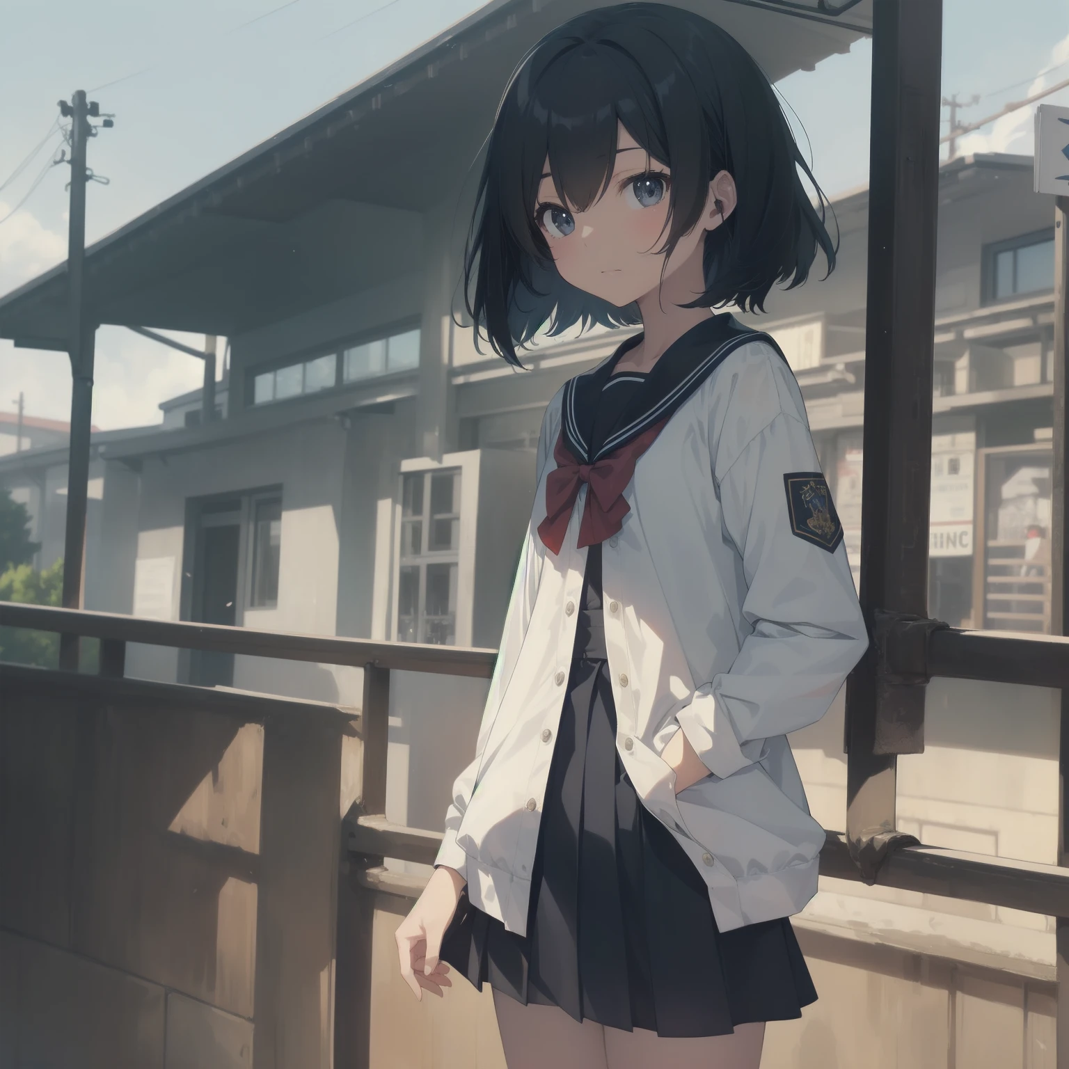 ultra-absurdres-Top quality by artist God, ultra-detailed, high resolution, anime moe artstyle, best anime 8k konachan wallpaper, pixiv contest winner, pool:2810, perfect ???????,break, 1girl, (Please draw a girl walking sleepily to school alone. )break,(Solo,little female, 13-year-old:1.3),Full limbs, complete fingers,a junior high school student, (very short hair), short cut, flat chest, , small butt, small black eyes, beautiful detailed eyes, well-proportioned iris and pupils, expressive eyes, highres detailed hair, soft expression, salor school_uniform, sailor collar, serahuku, bow, pleated skirt,(Detailed Lighting), (Detailed background), in the School commute route. break,super detailed skin, Best cinematic lighting powered by famous artist, 8k,beauty illustration,photoshop_(medium),very aesthetic,break,((artist:sincos )), artist:clamp ,artist:carnelian ,artist:kantoku ,