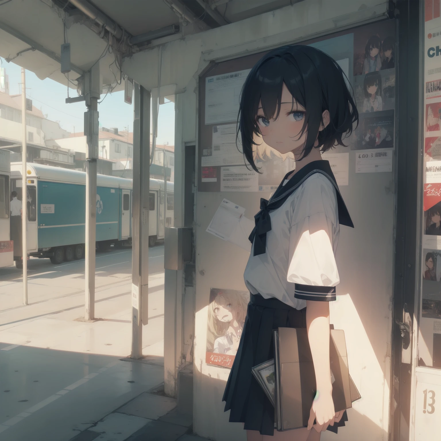 ultra-absurdres-Top quality by artist God, ultra-detailed, high resolution, anime moe artstyle, best anime 8k konachan wallpaper, pixiv contest winner, pool:2810, perfect anatomy,break, 1girl, (Please draw a girl walking sleepily to school alone. )break,(Solo,little female, 13-year-old:1.3),Full limbs, complete fingers,a junior high school student, (very short hair), short cut, flat chest, , small butt, small black eyes, beautiful detailed eyes, well-proportioned iris and pupils, expressive eyes, highres detailed hair, soft expression, salor school_uniform, sailor collar, serahuku, bow, pleated skirt,(Detailed Lighting), (Detailed background), in the School commute route. break,super detailed skin, Best cinematic lighting powered by famous artist, 8k,beauty illustration,photoshop_(medium),very aesthetic,break,((artist:sincos )), artist:clamp ,artist:carnelian ,artist:kantoku ,