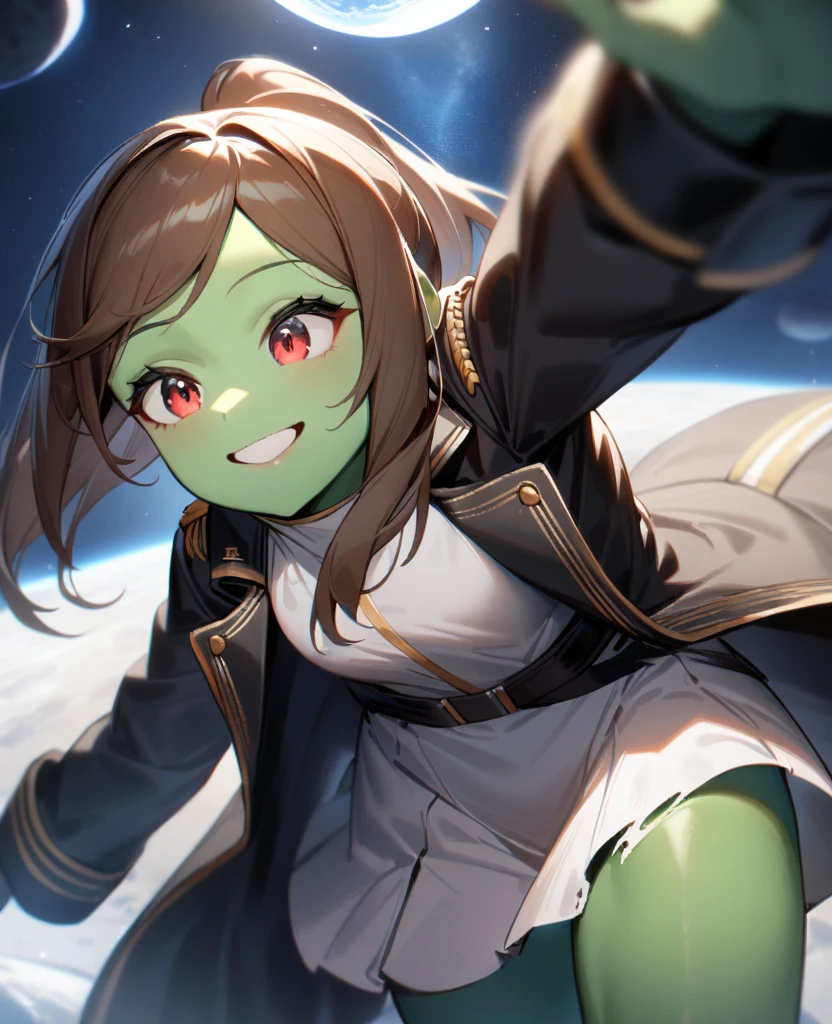 1girl,solo,red eyes,((brown hair:1.5)),ponytail,((light green skin)), old tattered black military coat, white skirt, white shirt,cowboy shot,on moon, blue and grey ringed planet in sky,Science fiction,ultra-detailed,sharp focus,aesthetic,(best quality) smiling, giantess