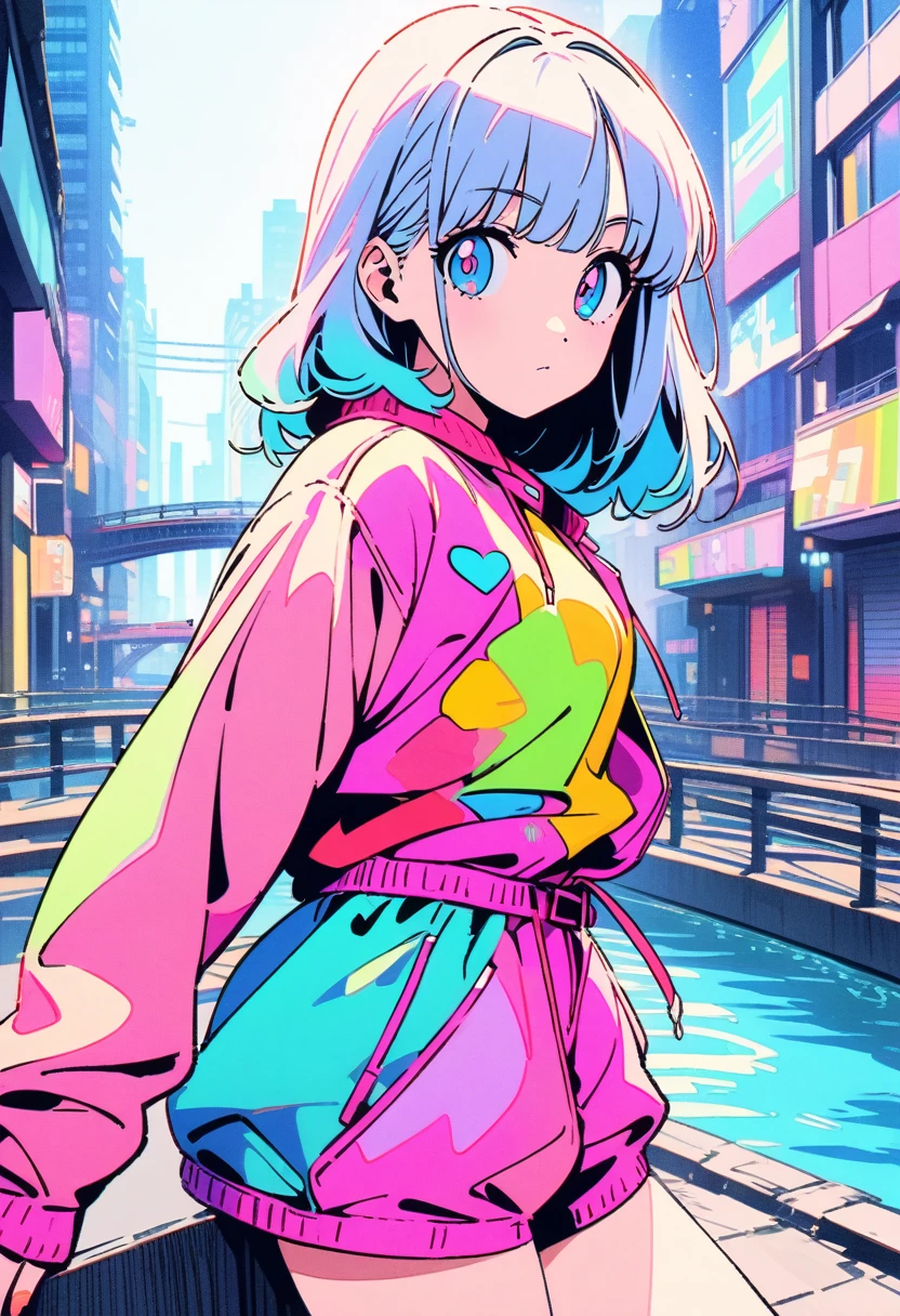 masterpiece, Highest quality, Beautiful attention to detail, Super detailed, In detail, High resolution, Perfect Anatomy, colorful, pastel colour, (One girl:1.5), alone, (City pop illustrations), (City Pop Art), Simple Background, Retro Style, (Vaporwave City Pop), (80's city pop:1.5), (City Pop Anime), (river, bridge), Retro Style, Kyoto Animation, 80's fashion, Cowboy Shot,