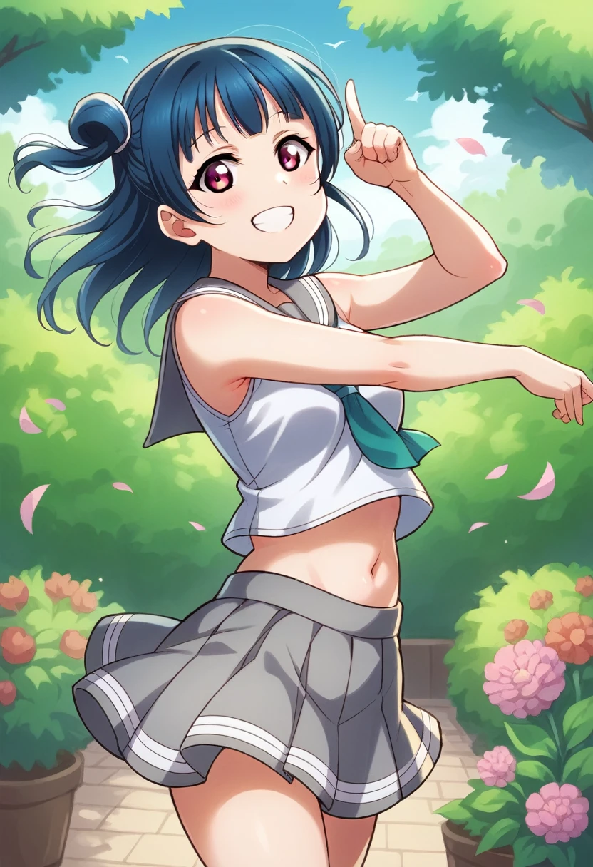 Yoshiko Tsushima love live,serafuku, gray mini skirt, slightly from side, armpits,wind  ,navel, breasts, smile , standing, sleeveless , looking at viewer,garden,one side up,arms down, pointing to views , cute 