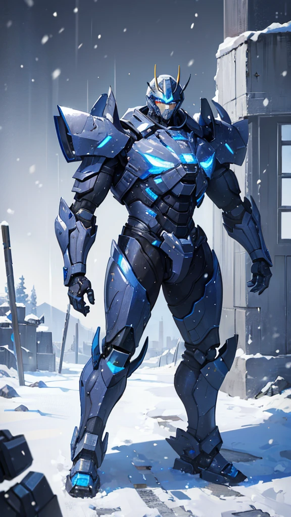 (((masterpiece))),16K,best quality,, 1 Boy, armor,  clasped hands, ,Male focus, , power armor, alone, Permanent,Snow falling all around，Doomsday，Gray mecha，urban ruins，Reinforced armor，Wearing a large mecha suit，Body weight of benzene