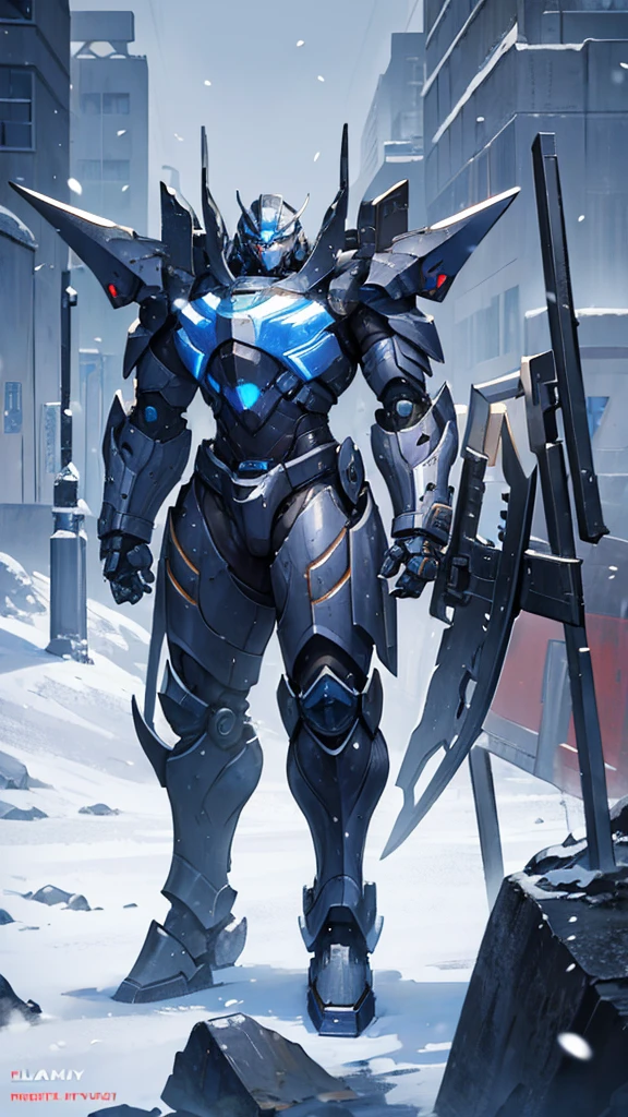 (((masterpiece))),16K,best quality,, 1 Boy, armor,  clasped hands, ,Male focus, , power armor, alone, Permanent,Snow falling all around，Doomsday，Gray mecha，urban ruins，Reinforced armor，Wearing a large mecha suit，Body weight of benzene