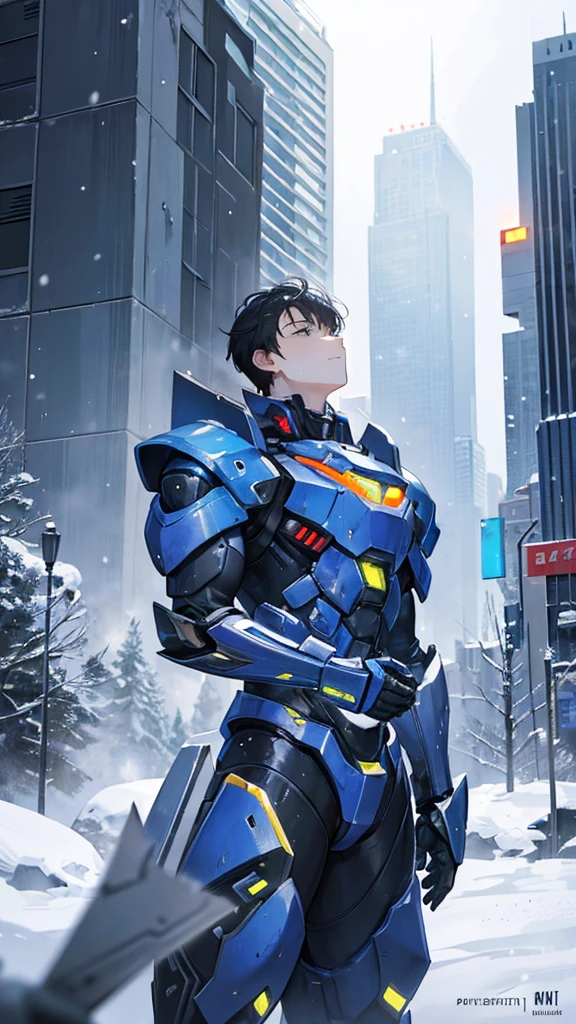 (((masterpiece))),16K,best quality,, 1 Boy, armor,  clasped hands, ,Male focus, , power armor, alone, Permanent,Snow falling all around，Doomsday，Gray mecha，urban ruins，Reinforced armor，Wearing a large mecha suit，Body weight of benzene