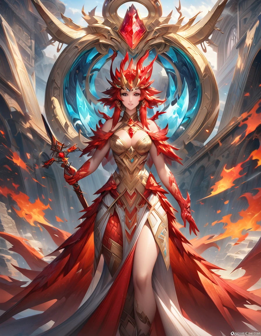 a woman with a sword and a dragon on her back, human and dragon fusion, dragon girl, queen of dragons, knights of zodiac girl, extremely detailed artgerm, mystical atlantean valkyrie, flame dragon, trending on artstation pixiv, dragon queen, detailed key anime art, red crystal dragon, from arknights, this character has pyrokenises