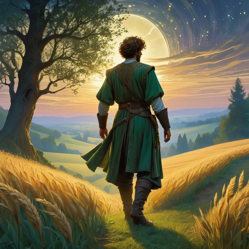 In the golden light of the setting sun, a man with curly short brown hair stands at the edge of a vast wheatfield, his back turned to the viewer. Clad in a simple medieval farmer's outfit, his rugged tunic and worn trousers blend with the natural hues of the field.
Beyond the wheatfield lies the enchanted forest, its ancient trees casting long, mysterious shadows that dance in the twilight. The forest hums with a magical energy, the air thick with the scent of pine and the whisper of leaves.
The man gazes into the depths of the forest, where legends say creatures of myth and magic dwell. What draws him to this boundary between the mundane and the mystical? Is he seeking answers, chasing a dream, or fleeing from something unseen? As the first stars begin to twinkle overhead, his journey into the unknown is about to begin."