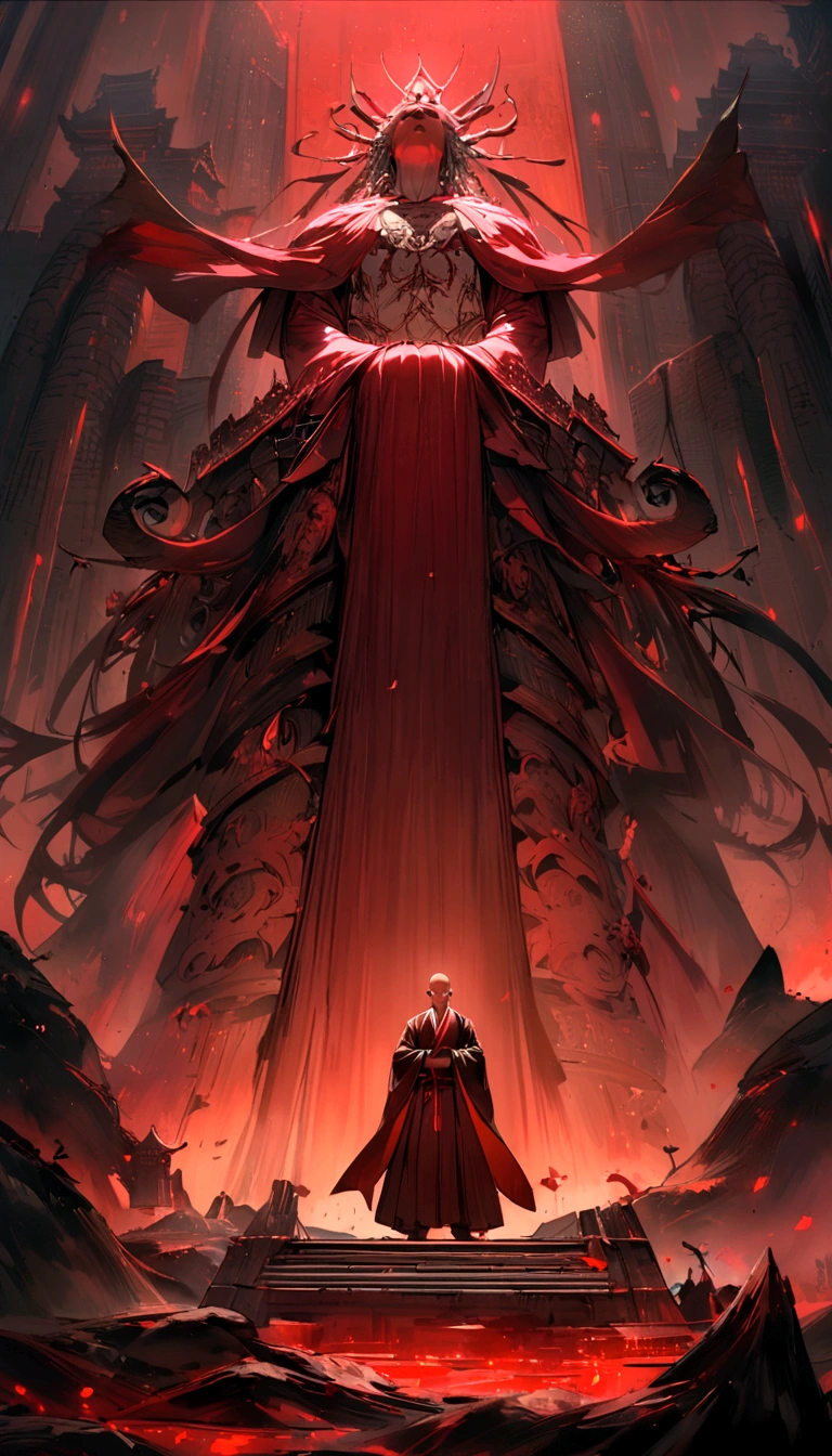 Japanese Yokai「Red Nyudo」Please draw。Red Nyudoは大きな赤い顔を持ち、He looks like a very tall monk.。It is bald, has sharp eyes and a large mouth.。Set an old temple and a dark forest in the background.、Red Nyudoが人々Describe a scene that would surprise。Create a sense of fear throughout。