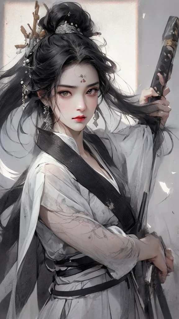 A bust of a woman with black hair and black eyes, a woman, a serious expression, holding a weapon, attack action, dynamic composition, bowed head, Hanfu, white clothes, cold eyes, loose hair, (ink smudge) beautiful character painting, clothing black and white ink style, face delicate color, watercolor, light color, martial arts style, national style, delicate and beautiful face, waist seal, sharp eyes