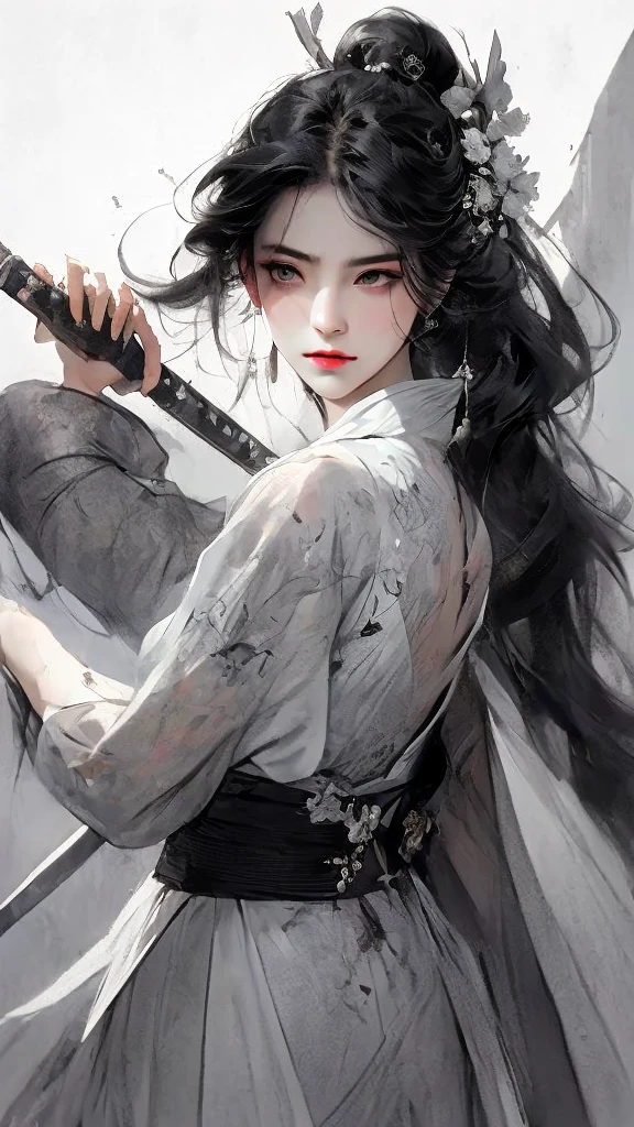 A bust of a woman with black hair and black eyes, a woman, a serious expression, holding a weapon, attack action, dynamic composition, bowed head, Hanfu, white clothes, cold eyes, loose hair, (ink smudge) beautiful character painting, clothing black and white ink style, face delicate color, watercolor, light color, martial arts style, national style, delicate and beautiful face, waist seal, sharp eyes