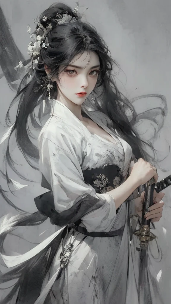 A bust of a woman with black hair and black eyes, a woman, a serious expression, holding a weapon, attack action, dynamic composition, bowed head, Hanfu, white clothes, cold eyes, loose hair, (ink smudge) beautiful character painting, clothing black and white ink style, face delicate color, watercolor, light color, martial arts style, national style, delicate and beautiful face, waist seal, sharp eyes