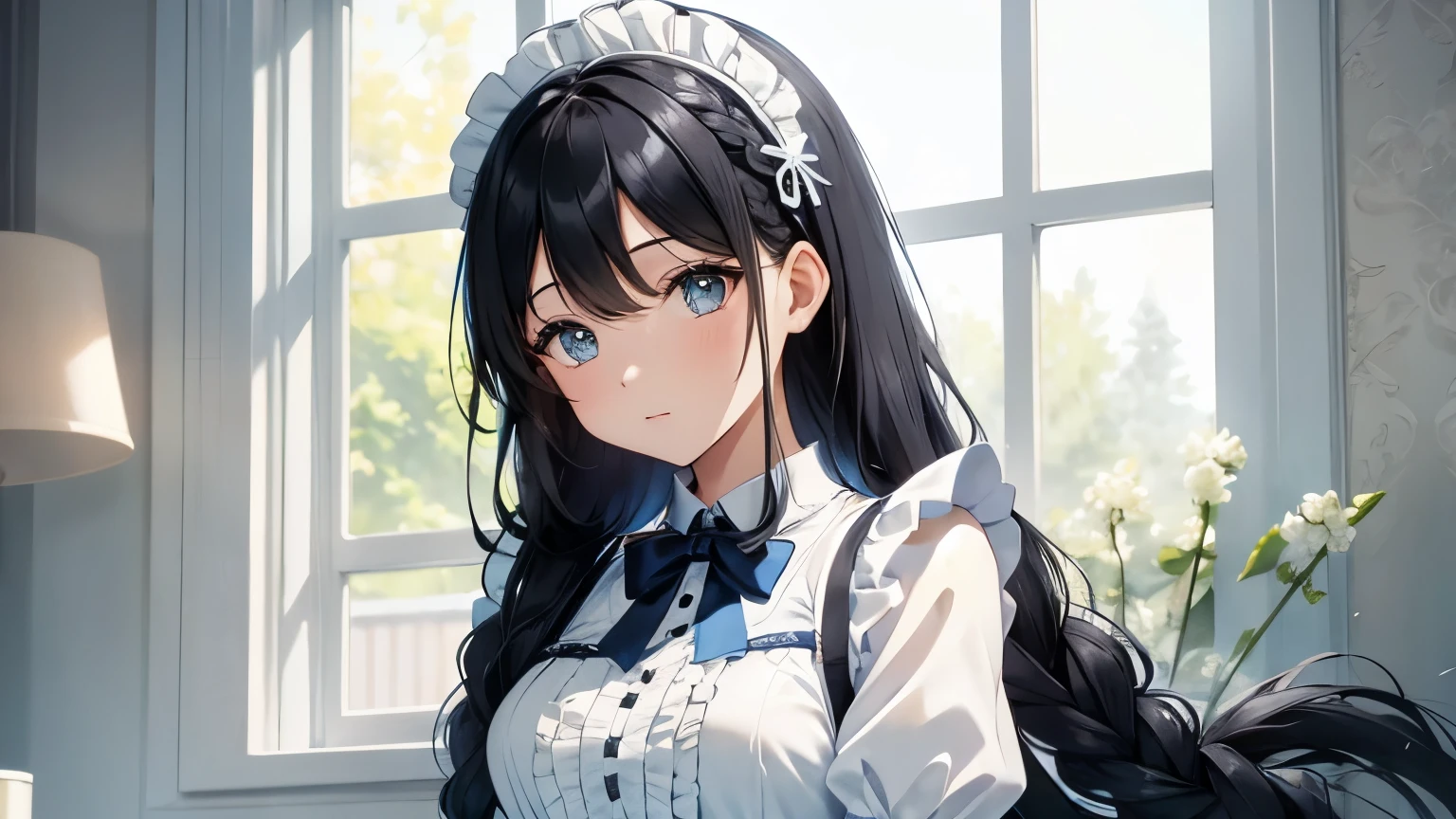 A beautiful girl wearing a light blue maid outfit with lots of frills and lace Long sleeve Black hair braid with hair ornament Upper Body