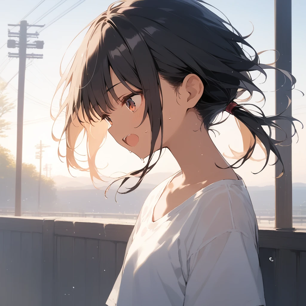 score_9, score_8_up, score_7_up, source_anime, best quality, masterpiece, official art, absurdres, highres, ultra-detailed,waifu2x,Collection: Slice of Life,break,1girl, tomboy, dark-skinned female, short hair, low ponytail, flat chest, beautiful detailed eyes, short shorts, sweat, open mouth, (yawn:0.3), sleepily, outdoors, wind, break,(clear line illustration:1.2),very high resolution, very aesthetic, super detailed skin, Best sexual lighting powered by famous artist, 8k,cute picture,beauty illustration,photoshop_(medium),,(Detailed Lighting),best anime 8k konachan wallpaper, pixiv contest winner,