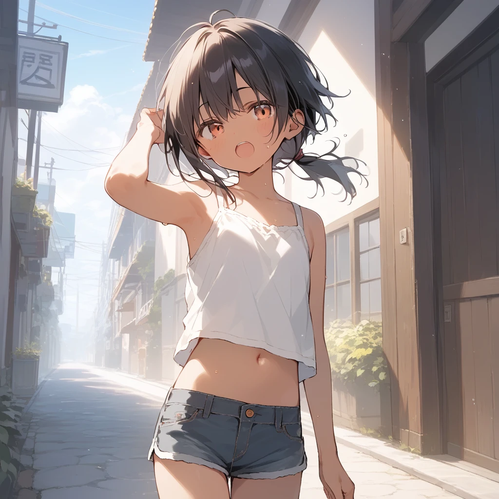 score_9, score_8_up, score_7_up, source_anime, best quality, masterpiece, official art, absurdres, highres, ultra-detailed,waifu2x,Collection: Slice of Life,break,1girl, tomboy, dark-skinned female, short hair, low ponytail, flat chest, beautiful detailed eyes, short shorts, sweat, open mouth, (yawn:0.3), sleepily, outdoors, wind, break,(clear line illustration:1.2),very high resolution, very aesthetic, super detailed skin, Best sexual lighting powered by famous artist, 8k,cute picture,beauty illustration,photoshop_(medium),,(Detailed Lighting),best anime 8k konachan wallpaper, pixiv contest winner,