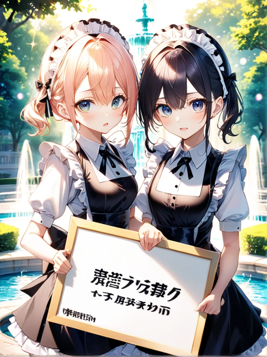 「LINGO」Two beautiful maid girls holding a placard that reads:1.4), Park fountain, Fine and shiny eyes, Sunlight illumination, [anime]