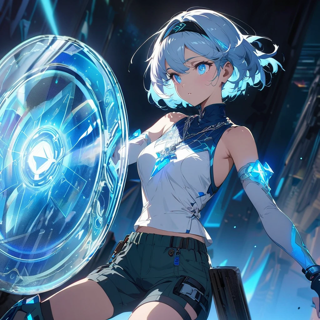 Create an image of a gentle girl with short, silvery-blue hair wearing a fitted, high-collar, long-sleeved shirt with glowing runic patterns, slim-fit cargo pants, fingerless gloves with LED strips, articulated knee guards, and sturdy, glowing-trim combat boots; she has a high-tech headband, (nude:0.8) a silver necklace with a crystal pendant, and a wrist-mounted holographic projector, and she is generating a large, translucent energy shield with intricate, glowing blue patterns, standing in a dynamic yet gentle pose with a dark, dramatic background illuminated by blue light and energy waves, detailed gorgeous face| anime style| key visual| intricate detail| highly detailed| breathtaking| vibrant| panoramic| cinematic| Carne Griffiths| Conrad Roset| gibbli 8