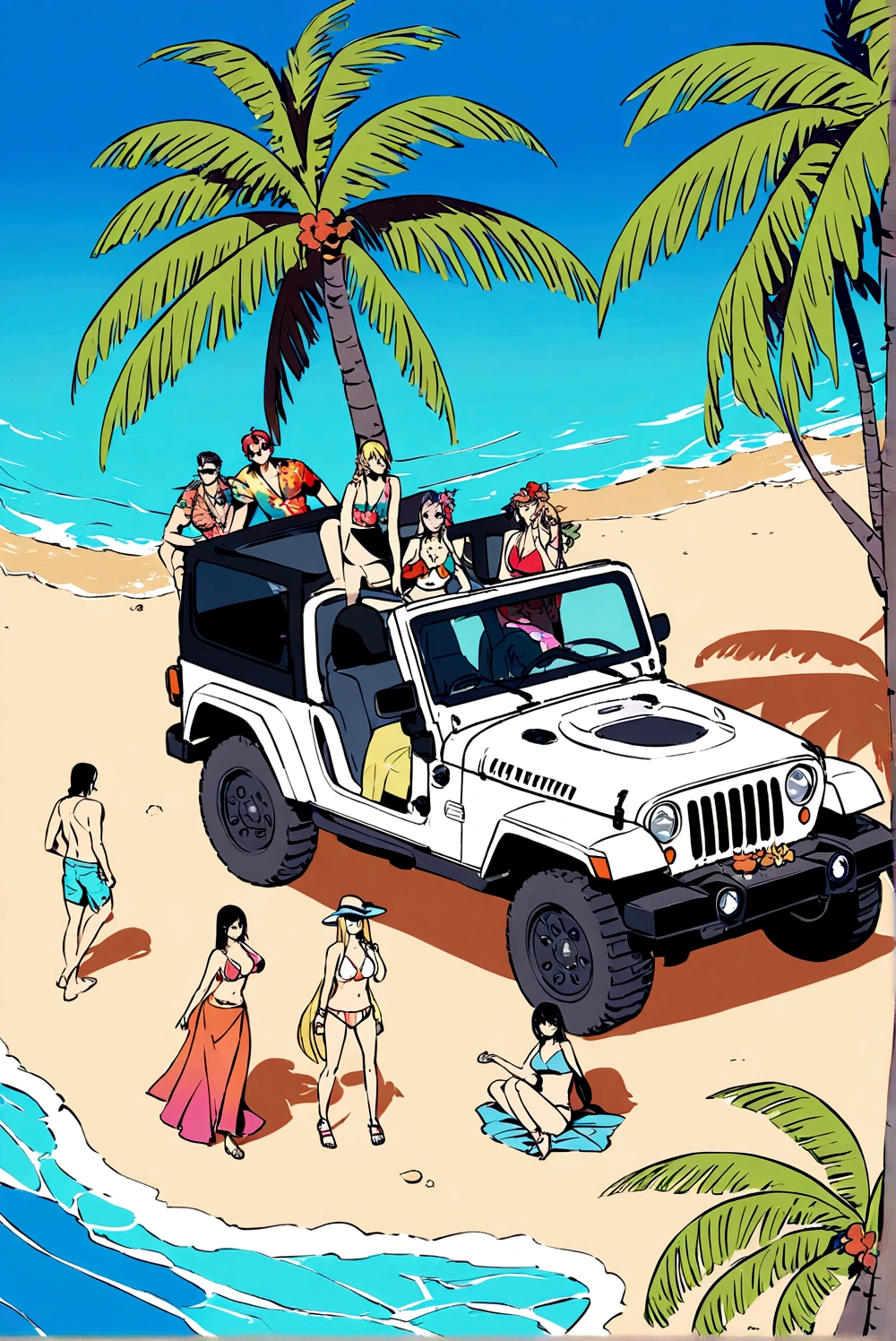 Above the upper half of the picture is a large expanse of blue sky, Jeep on the beach, Palm tree,5 colors, Beach,Hawaiian style,Summer style,Bikini Beauty,The proportions of the characters and the car are moderate