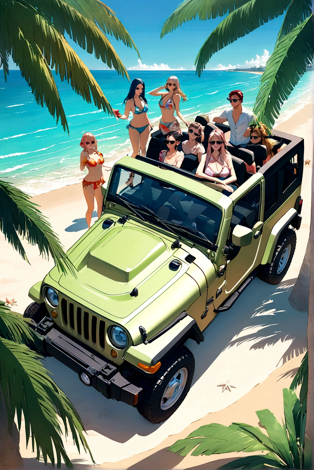 Above the upper half of the picture is a large expanse of blue sky, Jeep on the beach, Palm tree,5 colors, Beach,Hawaiian style,Summer style,Bikini Beauty,The proportions of the characters and the car are moderate