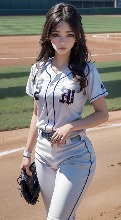 A female baseball player pitches,Baseball in hand(1.5),Batting dynamics,Correct ergonomics(1.5),tmasterpiece,top Quority,super wide shot(1.5)(realisticlying,realisticlying:1.4),(RAW photos:1.4),Very delicate CG Unity 8K wallpaper,very delicate beautiful,Mann pays attention to detail,offcial art,Beautiful eyes and face(1.5),Beautiful exquisite eyes,light in face,one-girl,long whitr hair,(pompons)nabel,The upper part of the body,Baseball uniforms,He wears baseball gloves on his hands, baseball stadium,
