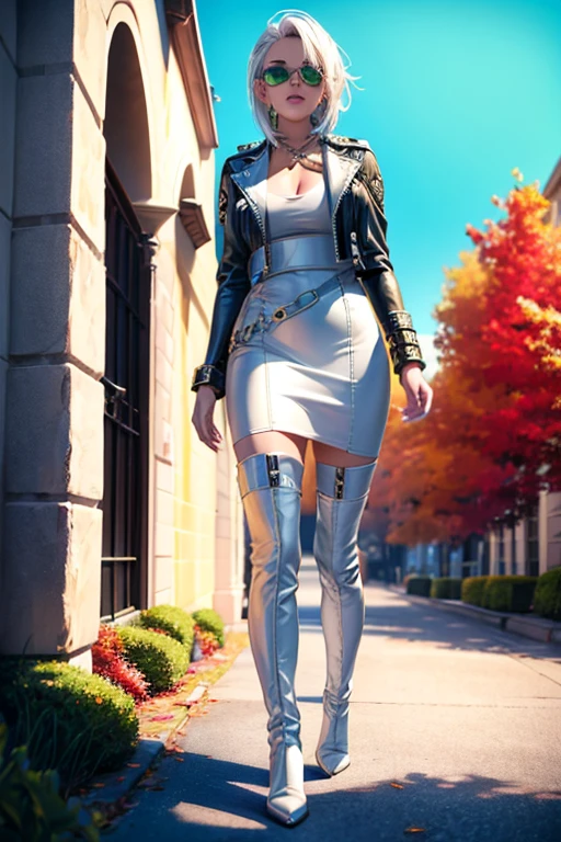 UHD quality, young woman, high, bright skin, White hair, leather jacket, slim, topic, skirt,black thigh-high boots,Green eyes, Autumn, bracelets,Height,costs,sunglasses,Medium breasts,very detailed,Simple details,8K quality,Well drawn,legs,heels,boots.
