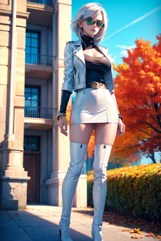 UHD quality, young woman, high, bright skin, White hair, leather jacket, slim, topic, skirt,black thigh-high boots,Green eyes, Autumn, bracelets,Height,costs,sunglasses,Medium breasts,very detailed,Simple details,8K quality,Well drawn,legs,heels,boots.