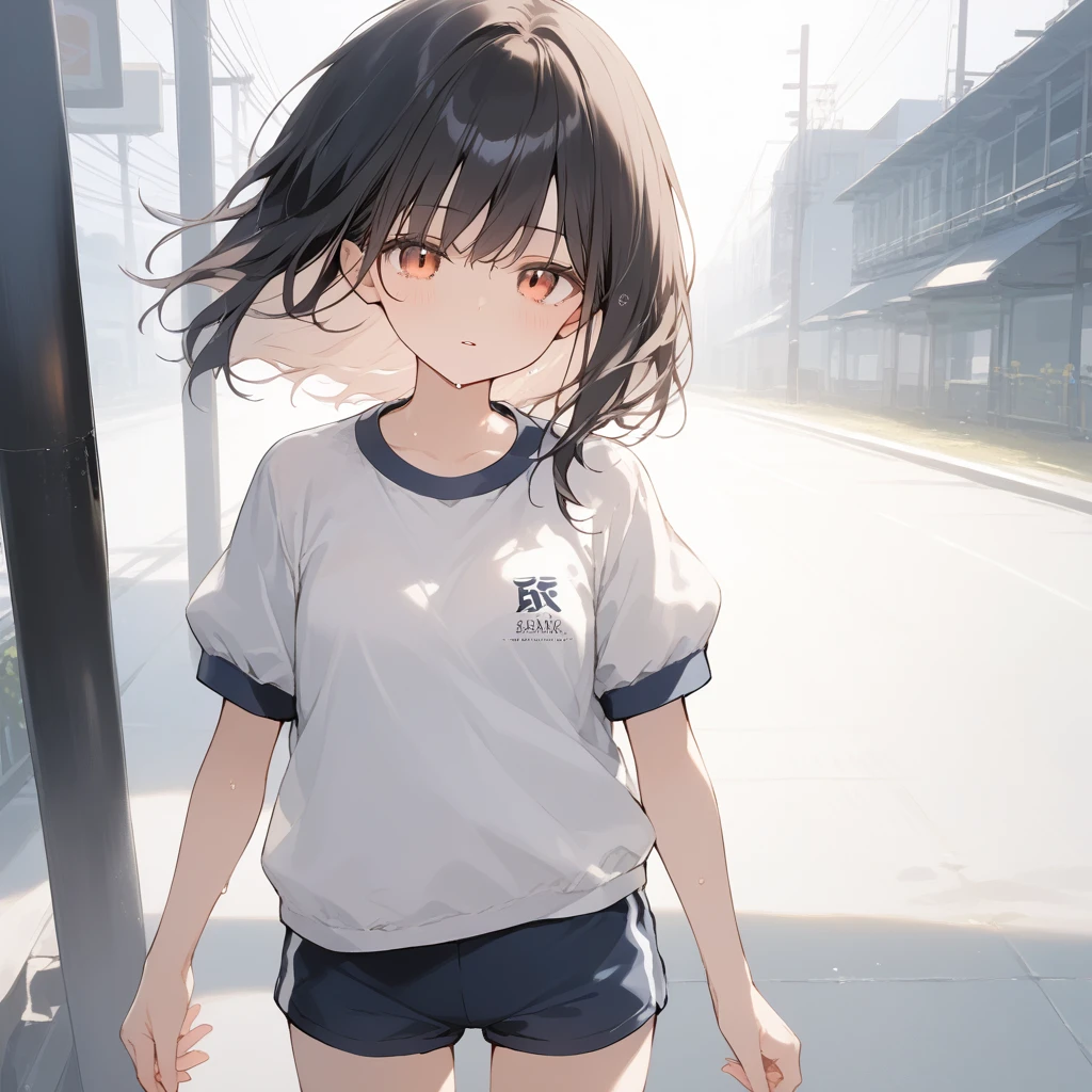 score_9, score_8_up, score_7_up, source_anime, best quality, masterpiece, official art, absurdres, highres, ultra-detailed,waifu2x,Collection: Slice of Life,break,1girl, 15-year-old, short hair, black hair, small ,  beautiful detailed eyes, well-proportioned iris and pupils, parted lips, beautiful detailed lips, gym uniform, byke shorts, sweat, expressionless, sleepily, School ground, outdoors, wind, break,(clear line illustration:1.2),very high resolution, very aesthetic, super detailed skin, Best cinematic lighting powered by famous artist, 8k, beauty illustration,photoshop_(medium),,(Detailed Lighting),best anime 8k konachan wallpaper, pixiv contest winner, 